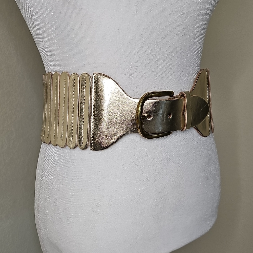Anthropologie Tabitha Stretch Leather Corset Belt Metallic Gold Size S